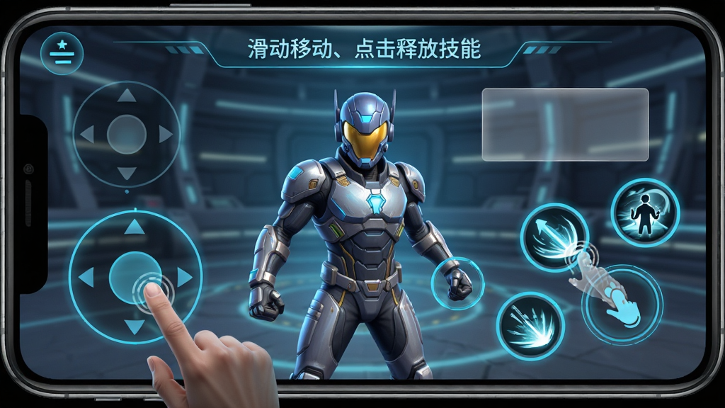 未来竞技场乱斗新手教程界面,画面展示一位英雄角色正在向玩家演示操作按键布局,屏幕左侧是虚拟摇杆,右侧是技能按钮排列,上方有文字提示