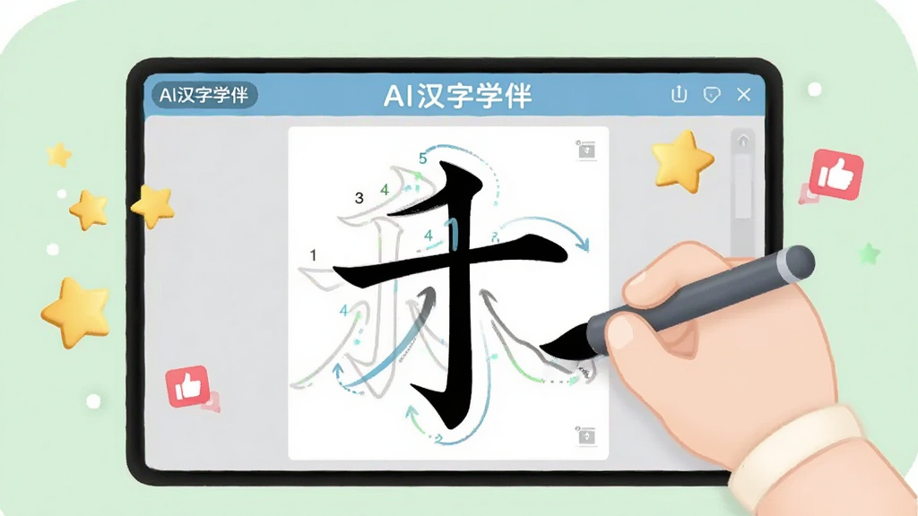 画面中央展示“AI汉字学伴”软件界面,一只卡通手正在屏幕上书写汉字,屏幕显示笔画顺序编号和书写轨迹,周围有星星和点赞图标作为反馈,背景是柔和的浅绿色,整体风格简洁明快,画质清晰,干净,无多余元素