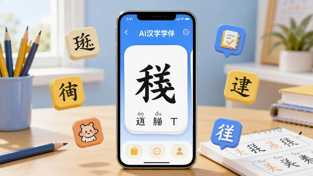 画面中央展示一部智能手机,手机屏幕上显示“AI汉字学伴”应用程序界面,界面中包含大大的汉字卡片和拼音标注,手机周围环绕着飘浮的汉字方块和卡通学习图标,背景是明亮的书房环境,书桌上放着铅笔和练习本,整体风格清新活泼,色彩以蓝色和黄色为主,画质清晰,干净,无多余元素