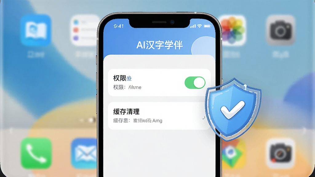 画面中央展示“AI汉字学伴”手机应用界面,屏幕上显示设置菜单中的权限开关和缓存清理选项,旁边有卡通盾牌图标表示安全防护,背景是简洁的手机桌面,整体风格清晰实用,画质清晰,干净,无多余元素