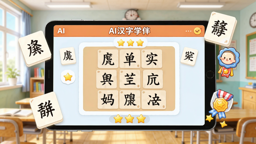 画面中央展示“AI汉字学伴”学习界面,屏幕上显示汉字拼图游戏和得分星星,周围漂浮着汉字卡片和卡通勋章,背景是明亮的教室环境,整体风格活泼有趣,画质清晰,干净,无多余元素