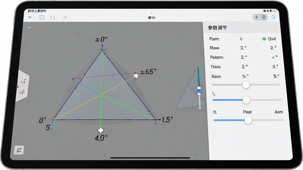 数学之翼软件中动态几何画板功能界面,主体为平板电脑屏幕上展示可拖拽的三角形与实时更新的角度数值,布局左右分栏,左侧为图形区右侧为参数调节区,风格为清爽教育风,细节包含彩色辅助线、角度标注、滑动条控件,画质高清,干净,无多余元素