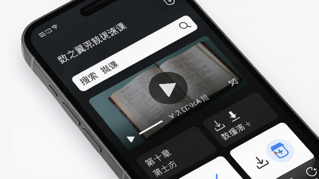 数学之翼离线微课与知识点速查界面,主体为手机屏幕显示微课视频缩略图与搜索框,布局网格状排列,风格为现代在线教育风,细节包含播放按钮、章节标签、下载缓存图标,画质高清,干净,无多余元素