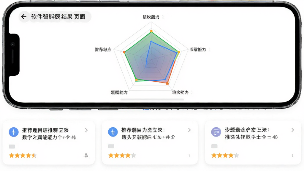 数学之翼软件智能推题结果页面,主体为手机屏幕显示能力雷达图与推荐题目列表,布局上下结构,上方雷达图下方题目卡片,风格为数据可视化教育风,细节包含五维能力轴、彩色填充区域、题目难度星级标识,画质高清,干净,无多余元素