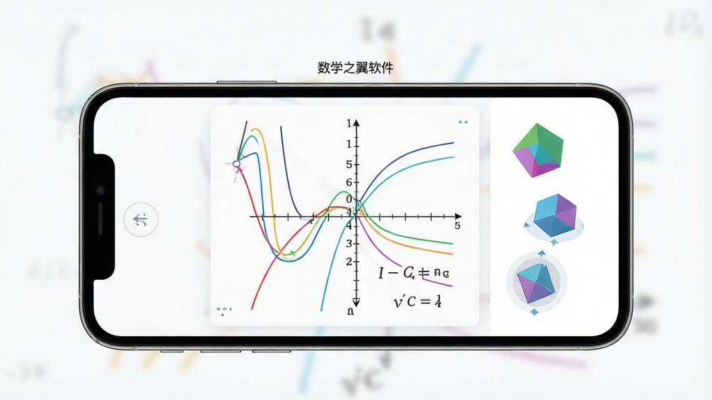 一张展示数学之翼软件主界面的图片,主体为手机屏幕中显示数学函数图像与几何图形交互界面,布局居中对齐,排版简洁清晰,风格为现代教育科技风,细节包括坐标轴、彩色曲线、几何体旋转动画按钮,画质高清,干净,无多余元素