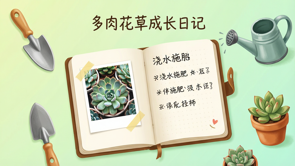 一幅清新明亮的手机应用界面插画,画面中央是一本打开的手账本,左页贴着多肉植物照片,右页写着浇水施肥记录,周围散落着小铲子、喷壶和多肉盆栽,背景是浅绿色渐变,排版为竖版手机屏幕比例,风格温馨治愈,细节包含叶片纹理和手写字体,画质高清干净,无多余元素,画面中文字标注“多肉花草成长日记”