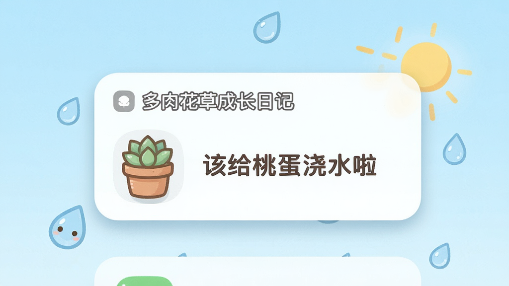 一幅手机通知中心风格的插画,画面中弹出多肉花草成长日记的浇水提醒卡片,卡片上有一盆多肉图标和文字“该给桃蛋浇水啦”,背景是浅蓝色渐变,周围有水滴和阳光元素,排版为竖版手机屏幕,风格清新可爱,细节包含圆角图标和柔和阴影,画质清晰干净,无多余元素,卡片上文字标注“多肉花草成长日记”