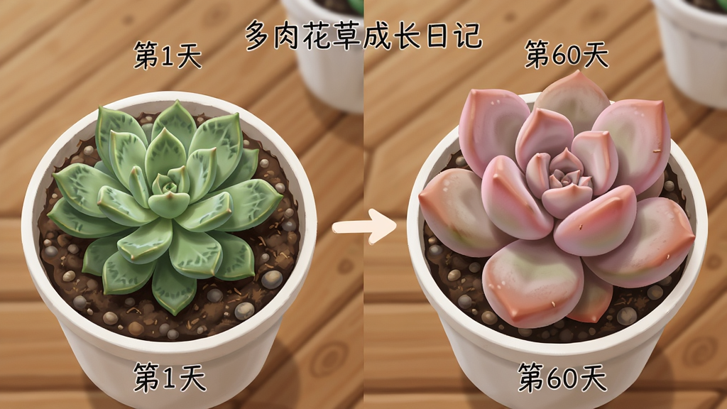 一幅展示多肉植物生长对比的插画,画面左右各有一盆相同品种的多肉,左侧标注“第1天”叶片较小颜色偏绿,右侧标注“第60天”叶片肥厚颜色粉红,中间有箭头连接,背景是木质桌面和白色花盆,排版为横向对比布局,风格写实清新,细节包含叶片纹理和土壤颗粒,画质高清干净,无多余元素,画面中文字标注“多肉花草成长日记”
