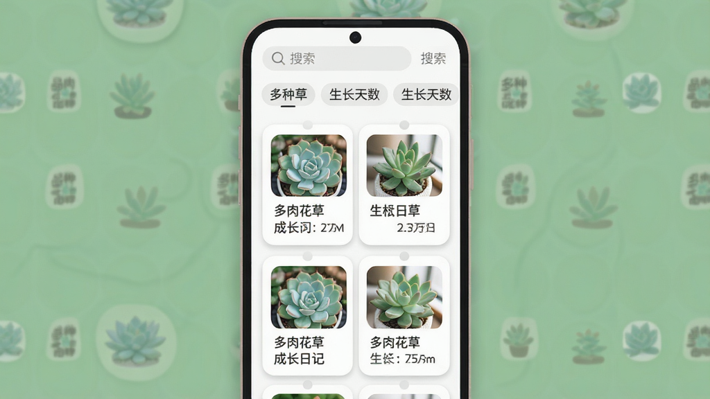 一张手机屏幕截图风格的插画,画面中显示多肉花草成长日记的植物档案列表,每张卡片上有多肉照片、品种名称和生长天数,背景为白色卡片式布局,顶部有搜索栏和分类标签,风格简约现代,细节包含圆角图标和柔和阴影,画质清晰干净,无多余元素,卡片上文字标注“多肉花草成长日记”