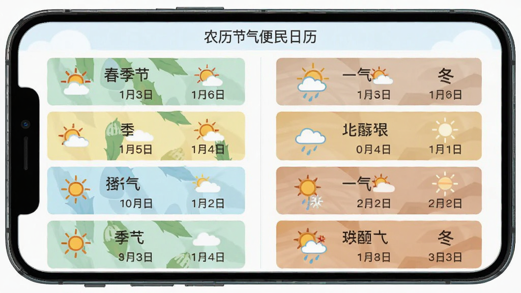 农历节气便民日历软件节气查询界面,画面展示一部手机屏幕中呈现二十四节气列表,每个节气配有对应的天气图标和日期文字,画面左侧是春季节气、右侧是冬季节气,布局为左右分栏式,风格为扁平化插画风,细节上突出节气名称和日期数字,画质清晰,背景干净无杂乱元素