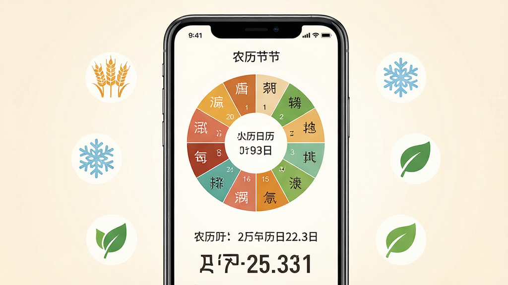 农历节气便民日历软件主界面展示,画面中央是一部智能手机,屏幕上显示清晰的二十四节气圆形图表和农历日期信息,手机周围环绕着麦穗、雪花、绿叶等代表四季更替的小图标,布局采用居中对称式构图,背景为淡雅的米白色渐变,整体风格清新简约,细节上突出节气名称文字和日期数字,画质清晰干净,无多余元素