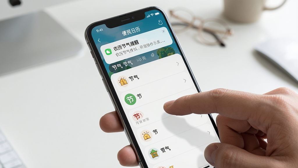 农历节气便民日历手机端操作示意图,画面展示一部手机屏幕中应用的主界面,手指正在点击节气列表中的某个节气,屏幕上方显示通知提醒弹窗,布局为手持手机的第一人称视角,风格为写实产品展示风,细节上突出界面文字和图标,画质清晰,背景为简洁的桌面环境