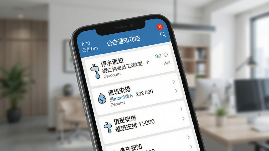 德仁物业员工端公告通知功能展示图,手机屏幕显示公告列表和详情页面,包含停水通知、值班安排等内容,顶部有未读消息提醒红点,风格简洁大方,细节清晰,画质高清,干净,无多余元素