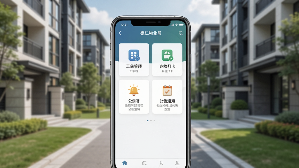 一张展示德仁物业员工端手机应用主界面的图片,画面中央是一部智能手机,屏幕上显示德仁物业员工端的工作台页面,包含工单管理、巡检打卡、公告通知等图标,背景是现代化小区环境,风格简洁商务,细节清晰,画质高清,干净,无多余元素