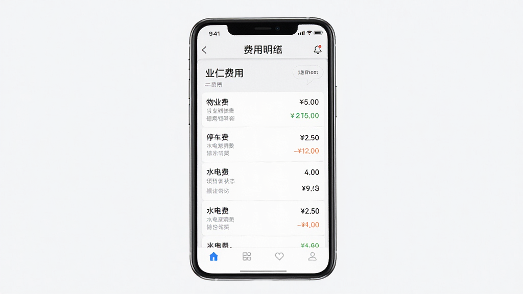 德仁物业员工端费用查询界面展示图,手机屏幕显示业主费用明细列表,包含物业费、停车费、水电费等项目和缴费状态,界面设计清爽易读,风格现代简约,细节清晰,画质高清,干净,无多余元素