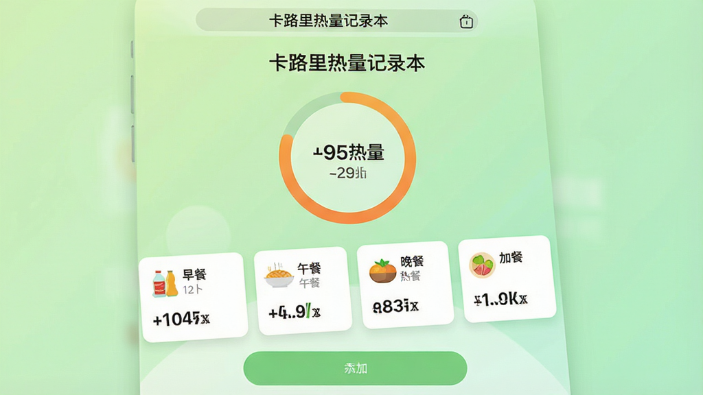 一张展示手机屏幕的图片,屏幕中显示“卡路里热量记录本”应用主界面,界面中央有圆形热量进度环,下方列出早餐、午餐、晚餐和加餐的卡片,卡片上有食物图标和热量数字,背景为淡绿色渐变,整体布局干净整洁,风格清新简约,细节包括顶部日期栏和底部添加按钮,画质清晰,干净,无多余元素