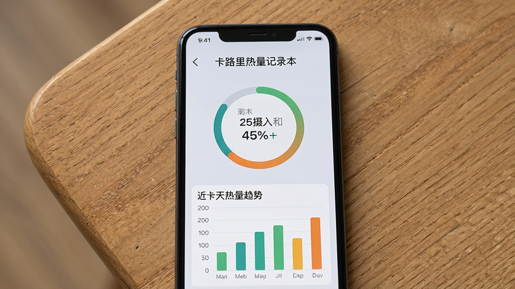 一部手机平放在木质桌面上,屏幕显示“卡路里热量记录本”的进度追踪页面,页面中央有环形进度图,显示已摄入和剩余热量,下方有柱状图展示近七天热量趋势,背景为浅灰色,布局居中对称,风格现代简约,细节包括数字标签和颜色区分,画质清晰,干净,无多余元素