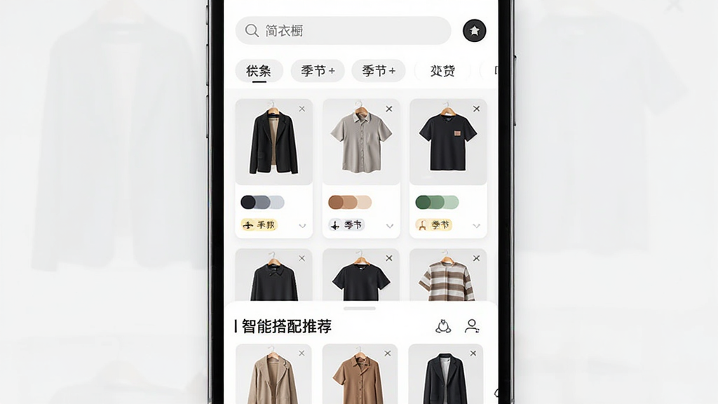 一款名为简衣橱的手机应用界面展示,画面中央是整齐排列的衣物卡片式管理界面,上方有搜索框与分类标签,下方有智能搭配推荐区域,主体为手机屏幕特写,布局采用居中构图,排版清晰有序,风格为现代简约扁平化设计,细节包括衣物缩略图、颜色标签、季节分类图标,画质高清,干净,无多余元素
