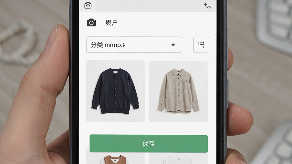 简衣橱安卓版手机端操作界面截图,画面展示用户正在录入衣物并选择分类标签,主体为手机屏幕特写,布局为录入表单与衣物预览图并排,排版清晰,风格为简洁实用型UI,细节包括相机图标、分类下拉框、保存按钮,画质高清,干净,无多余元素