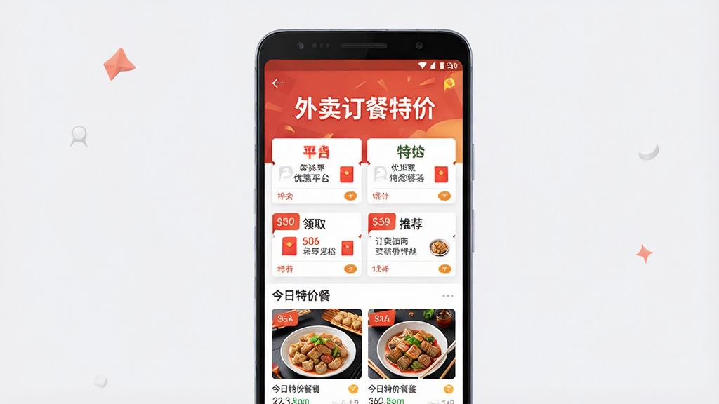 外卖订餐特价软件主界面展示图,主体为一部安卓手机,屏幕中显示外卖订餐特价应用首页,页面上方有醒目的“外卖订餐特价”文字标题,下方排列多个外卖平台优惠券领取入口和今日特价餐品推荐卡片,布局为竖向手机屏幕构图,排版清晰分区明确,风格为现代简约扁平化设计,细节包含红包图标、折扣标签和餐品小图,画质高清干净无多余元素