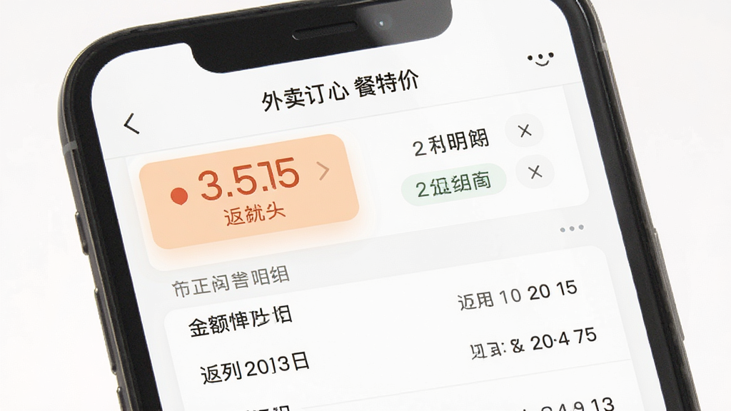 外卖订餐特价个人中心返利记录界面图,主体为手机屏幕展示节省金额统计和返利明细列表,屏幕上方有“外卖订餐特价”文字,布局为顶部数据总览加下方列表,排版清晰,风格为素雅极简白色调,细节包含数字高亮和日期标签,画质高清干净无多余元素