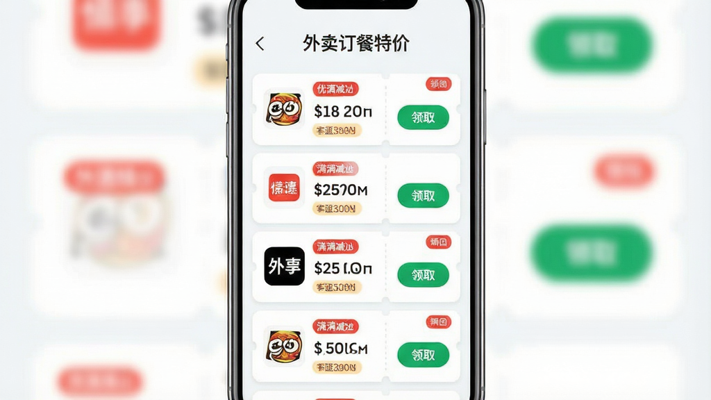 外卖订餐特价优惠聚合功能界面图,主体为手机屏幕中展示多个外卖平台优惠券列表,屏幕上方居中显示“外卖订餐特价”软件名称文字,布局为纵向卡片式排列,排版整齐每张卡片包含平台图标、优惠金额和领取按钮,风格为清新浅色系扁平设计,细节有红色满减标签和绿色领取按钮,画质高清干净无多余元素