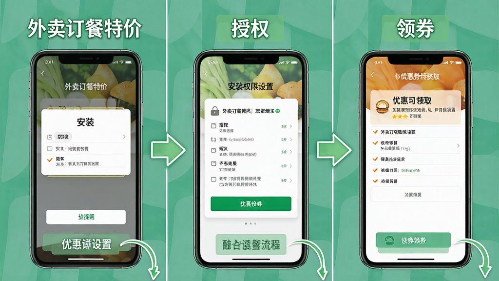外卖订餐特价移动端操作步骤示意图,主体为手机屏幕展示安装权限设置和优惠券领取流程,屏幕上方有“外卖订餐特价”文字,布局为分步骤截图拼接,排版从左到右依次为安装、授权、领券三个画面,风格为教程类清晰标注设计,细节包含箭头指引和文字说明框,画质高清干净无多余元素