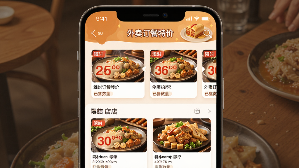 外卖订餐特价每日特价推荐页面图,主体为手机应用中特价专区界面,顶部有“外卖订餐特价”文字标识,下方为横向滑动餐品卡片和纵向店铺列表,布局为上下结构,排版突出折扣数字和餐品图片,风格为暖色调食欲感设计,细节包含限时标签和已售数量,画质高清干净无多余元素