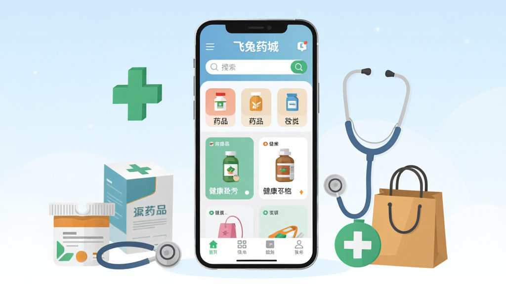 ����������һ�����������ֻ�����Ļ����ʾ������ҩ�ǡ�APP��ҳ���棬�������������в�ΪҩƷ����ͼ���뽡����Ʒ��Ƭ���ײ������������ɼ����ֻ���Χ����ҩƷ�С�����������ɫʮ�ֱ�ʶ�빺�����Ԫ�أ����ñ�ƽ���廭��񣬱���Ϊǳ������ɫ����ͽ��䣬���־��жԳƣ�ϸ�ڸɾ����䣬�����������޶���Ԫ�ء�
