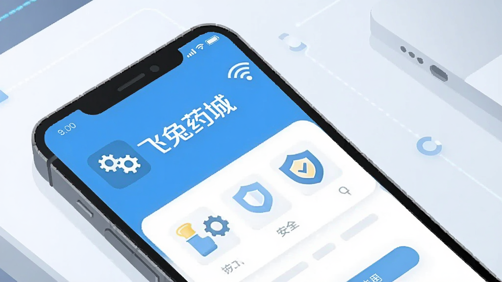 һ���ֻ������������ϣ���Ļ��ʾ������ҩ�ǡ�APP���н��棬�Ա��г���ͼ�ꡢ���ư�ȫͼ����Wi-Fi�ź�ͼ�꣬����Ϊ���ĿƼ���ǳɫ���棬���ñ�ƽ���廭�����ɫ���ɫ���䣬����������ϸ�ڸɾ��������������޶���Ԫ�ء�