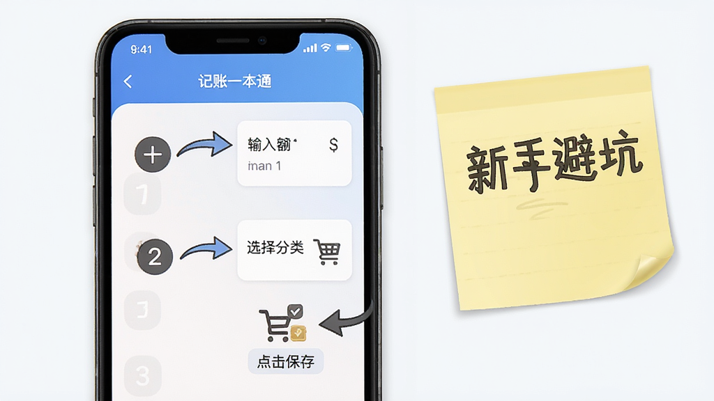 记账一本通新手操作示意图,画面展示一部手机屏幕,屏幕上用箭头标注了从打开App到完成一笔记账的四个步骤,分别是点击加号、输入金额、选择分类、点击保存;手机旁边有“新手避坑”字样的便签;风格为教程图解风,背景简洁,重点突出操作步骤,画质高清,画面干净,无多余元素