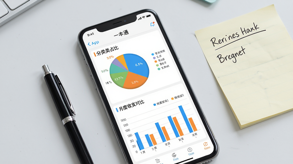 记账一本通报表统计功能展示图,画面中央是一部手机,屏幕显示记账一本通App的统计报表页面,包含饼状分类占比图和柱状月度收支对比图,图表颜色区分明显;手机旁边有一支笔和一张手写预算便签;风格为现代商务简约风,背景为浅灰色,构图干净,重点突出屏幕图表,画质高清,无多余元素