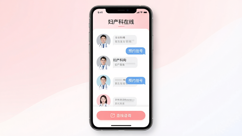 主图展示一部智能手机屏幕,屏幕中央显示“妇产科在线”应用界面,界面上有医生头像列表与在线咨询按钮,背景是柔和的浅粉与白色渐变,布局为居中手机俯视构图,风格清新医疗科技感,细节包括医生头像、聊天气泡、预约挂号图标,画质高清,干净,无多余元素