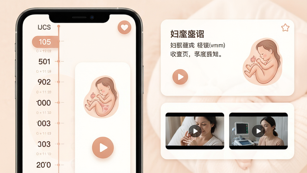 妇产科在线应用内页展示,画面左侧为孕周时间轴,右侧为知识卡片与视频缩略图,布局为左右分栏,风格温暖柔和的母婴色调,细节包括孕周数字、胎儿发育插图、播放按钮、收藏图标,画质高清,干净,无多余元素