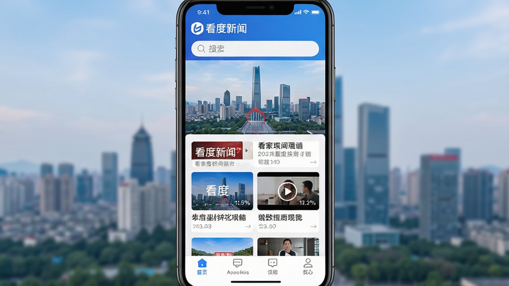 一张手机屏幕展示看度新闻APP首页界面,画面中央是成都城市天际线背景,界面顶部有“看度新闻”文字标识和搜索栏,中部排列着新闻卡片与视频缩略图,底部有导航栏,整体布局清晰,风格现代简洁,蓝白配色为主调,细节丰富,画质高清,干净无多余元素