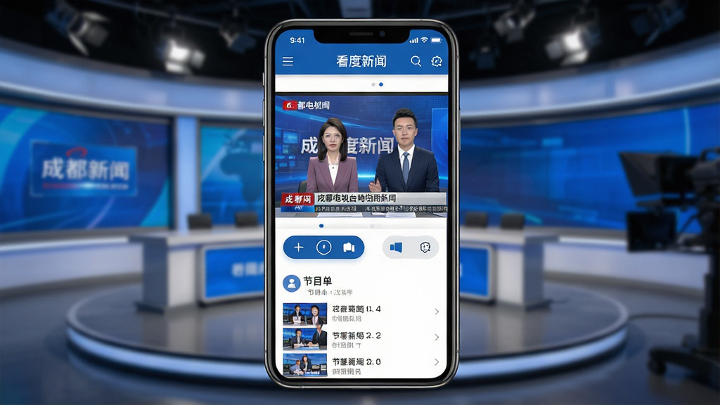 看度新闻APP直播页面展示,手机屏幕中播放着成都电视台新闻节目画面,屏幕下方有频道切换按钮和节目单列表,背景是演播室场景,界面设计现代,蓝白配色,细节丰富,画质高清,无多余元素
