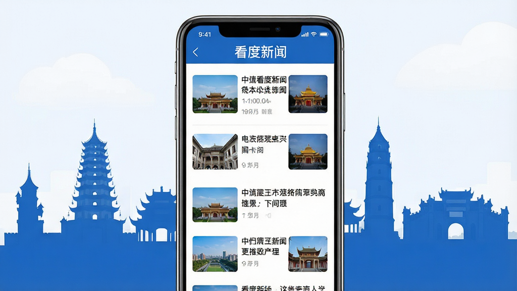 一幅展现看度新闻APP资讯列表页面的画面,手机屏幕中显示多条新闻标题与缩略图,背景是成都地标建筑剪影,界面顶部有“看度新闻”字样,排版整齐,风格清爽,蓝白配色,细节清晰,画质干净,无多余元素