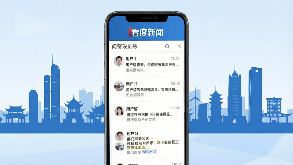 看度新闻APP问政互动页面展示,手机屏幕中显示用户留言列表与部门回复内容,界面顶部有“看度新闻”标识,背景为成都城市剪影,风格简洁商务,蓝白配色,细节清晰,画质干净,无多余元素
