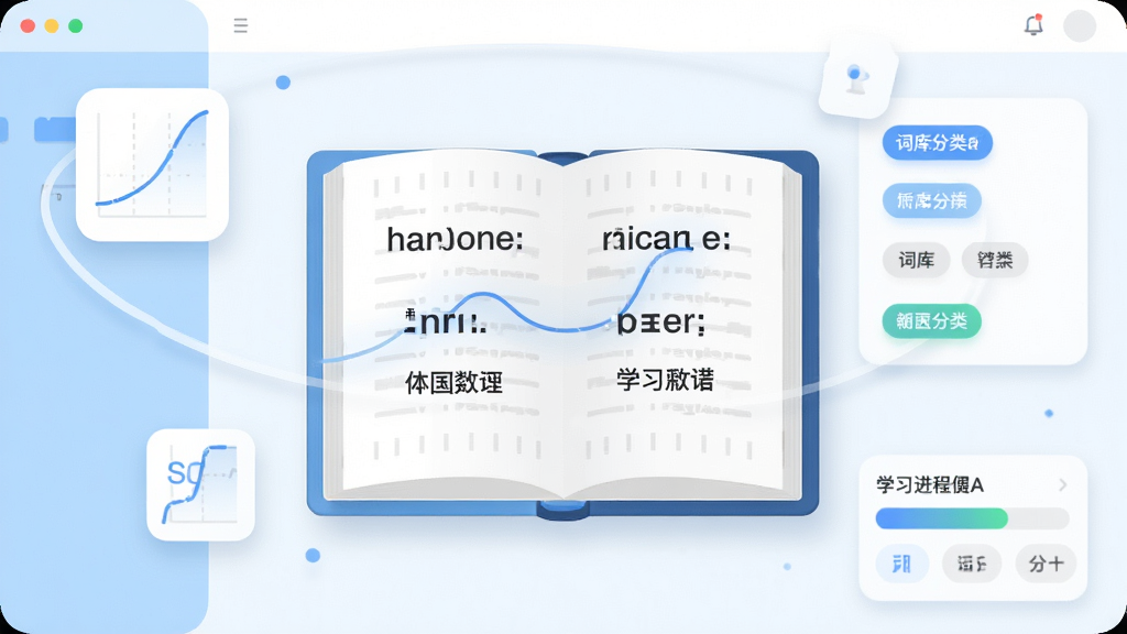 软件主界面全景展示,中央放置一本翻开的电子书,书页上浮现出英文单词与中文释义,周围环绕着记忆曲线图标、词库分类标签、学习进度条等元素,整体布局清晰有序,采用清新浅蓝色与白色为主的扁平化风格,界面简洁干净,细节处有柔和阴影与圆角设计,画质高清,无多余元素干扰