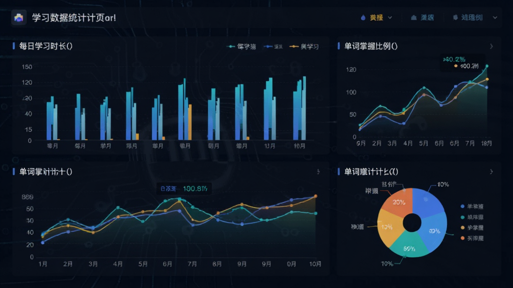 学习数据统计页面,包含柱状图、折线图和饼图等多种图表,展示每日学习时长、单词掌握比例等数据,界面采用深色背景搭配亮色数据线条,科技感强,布局合理,数据展示清晰,画质高清
