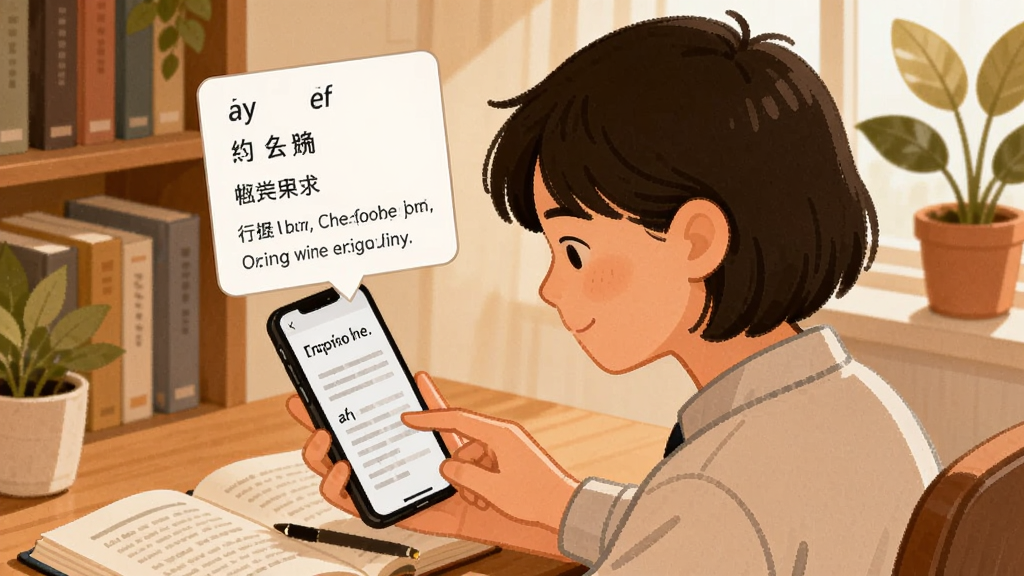 一位年轻学生坐在书桌前用手机阅读英文文章,手指轻点屏幕上的单词,单词上方弹出释义卡片,卡片内包含音标、中文意思和例句,背景有书架与绿植,整体采用温暖舒适的插画风格,画面干净明亮,突出阅读与学习的融合场景,画质细腻