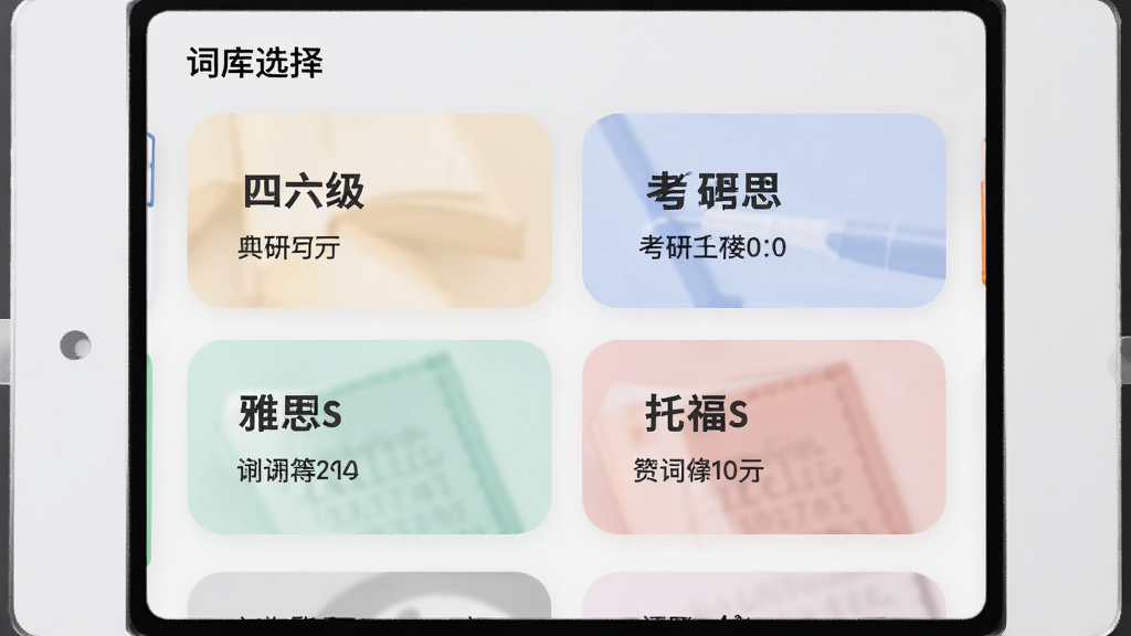 词库选择界面展示,屏幕上排列着多个词库卡片,卡片上标注着四六级、考研、雅思、托福等字样和词汇数量,卡片采用圆角设计,配色柔和,背景为浅灰色,整体排版整齐有序,风格简约商务,画质清晰