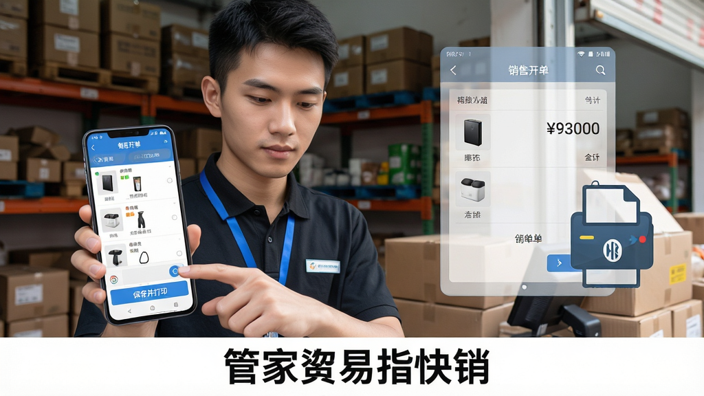 移动开单场景图。主体:一位年轻男性业务员站在批发市场档口前,手持安卓手机操作“管家婆易指快销”销售开单界面。布局:人物位于画面左侧三分之二处,背景为货架与商品纸箱,右侧叠加半透明的销售单据与蓝牙打印机图标。排版:画面底部留出空间放置软件名称。风格:写实商务摄影风格。细节:手机屏幕显示商品列表与合计金额,人物手指正点击“保存并打印”按钮,表情专注。画质:高清、干净、无多余元素、自然光线。