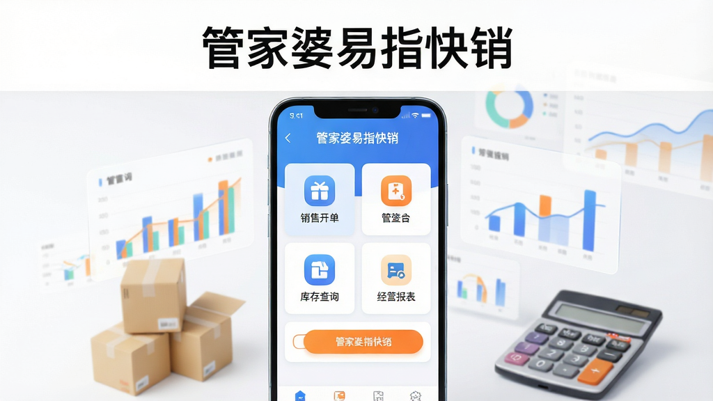 软件全貌展示图。主体:一部安卓手机竖屏放置于画面正中,手机屏幕上清晰显示“管家婆易指快销”应用主界面,包含销售开单、库存查询、经营报表等图标模块。布局:手机居中,周围环绕半透明的数据图表、商品纸箱、计算器等商务元素。排版:上方留白处放置软件名称“管家婆易指快销”文字。风格:现代简约商务科技风。细节:手机屏幕内界面排版整齐,图标圆润,色彩以蓝白为主,点缀橙色强调按钮。画质:高清、干净、无多余元素、光线明亮柔和。