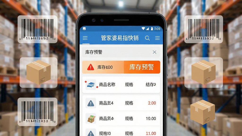 库存管理界面图。主体:安卓手机屏幕特写,显示“管家婆易指快销”库存查询页面。布局:屏幕内展示商品列表、库存数量、预警红色标记,背景为虚化的仓库货架。排版:手机居中,四周环绕半透明的条形码与纸箱图标。风格:清爽科技风。细节:界面中“库存预警”四个字用橙色高亮,列表包含商品名称、规格、结存数量。画质:高清、干净、无多余元素、界面文字清晰。
