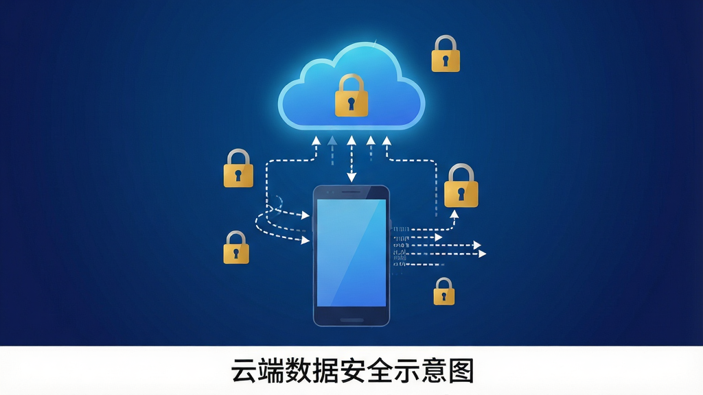 云端数据安全示意图。主体:安卓手机与云端服务器之间的数据同步概念图。布局:画面中央为手机,上方为发光的云朵图标,两者之间用虚线箭头连接,周围环绕锁形图标与数据流线条。排版:手机与云朵居中垂直排列,底部留白放置软件名称。风格:扁平化科技插画风格。细节:云朵为蓝色渐变,锁形图标为金色,数据线条为白色虚线。画质:高清、干净、无多余元素、背景为深蓝渐变色。