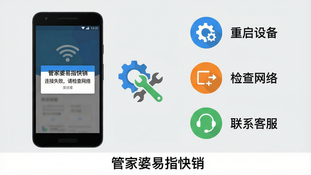 问题排查流程图。主体:安卓手机屏幕显示“管家婆易指快销”错误提示弹窗,旁边有齿轮与扳手图标。布局:手机位于画面左侧,右侧为三个步骤图标:重启设备、检查网络、联系客服。排版:底部留白放置软件名称。风格:扁平化信息图风格。细节:弹窗文字为“连接失败,请检查网络”,图标颜色分别为蓝、橙、绿。画质:高清、干净、无多余元素、背景为浅灰色。