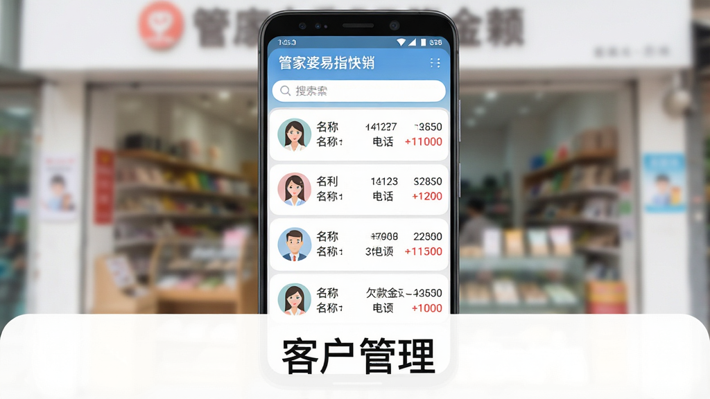 客户管理界面图。主体:安卓手机屏幕显示“管家婆易指快销”客户档案列表。布局:手机居中,屏幕内展示客户头像、名称、电话、欠款金额,背景为虚化的商铺场景。排版:手机下方留白处放置“客户管理”文字。风格:柔和圆角卡片风格。细节:欠款金额用红色字体标注,列表项之间有浅灰色分割线,顶部有搜索框。画质:高清、干净、无多余元素、界面层次分明。