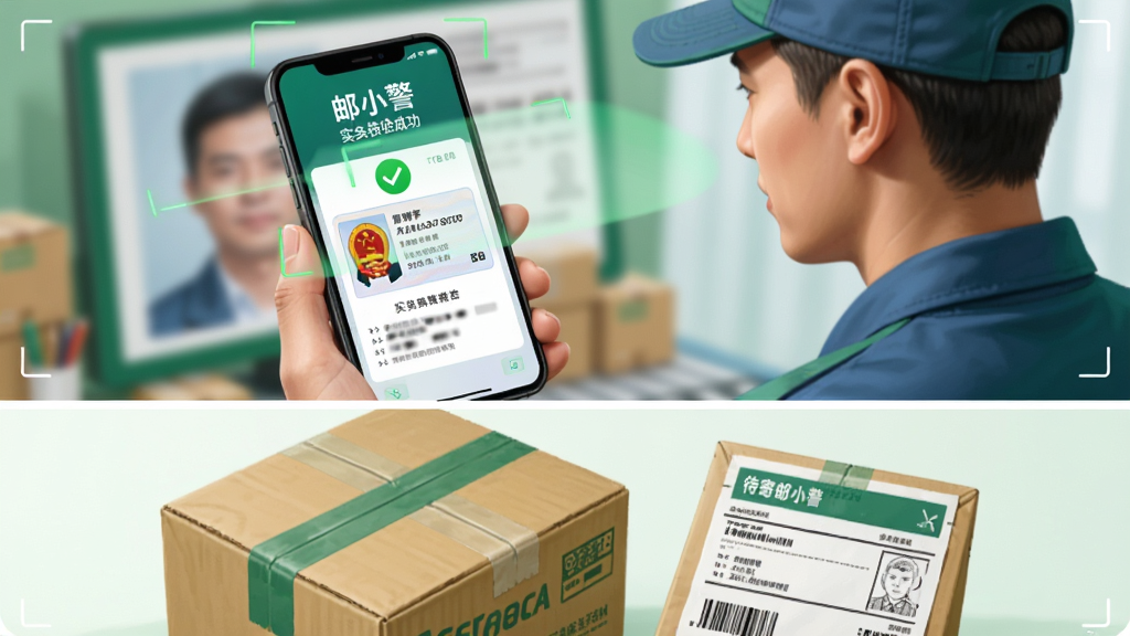 画面上方一个快递员手持手机对着寄件人的身份证进行扫描,手机屏幕显示“邮小警”实名核验成功界面,屏幕上有绿色对勾和身份证信息脱敏展示;下方展示快递包裹和快递单;布局采用上下分层,上方为核验操作场景,下方为待寄包裹;风格为写实商务插画,色调以绿色和蓝色为主;细节包括身份证上的国徽图案、手机屏幕上的“邮小警”文字标识;画质高清,干净,无多余元素。