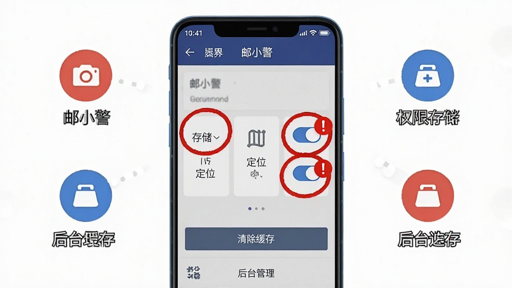 画面展示一部安卓手机屏幕录制风格截图,手机界面为“邮小警”的权限管理页面,页面上相机、存储、定位三个权限开关被高亮圈出,旁边有红色感叹号提示;手机下方有“清除缓存”按钮和“后台管理”选项;布局采用手机正面居中,周围用图标标注操作步骤;风格为扁平化教程图解,色调以红色警示和蓝色提示为主;细节包括手机顶部的状态栏、页面中的“邮小警”文字标识;画质高清,干净,无多余元素。